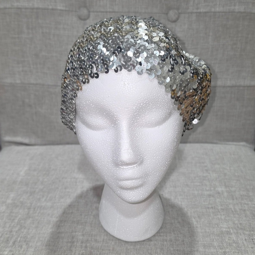 Silver Sequin Beret Slouchy Beanie Hat Vintage Style Glam
